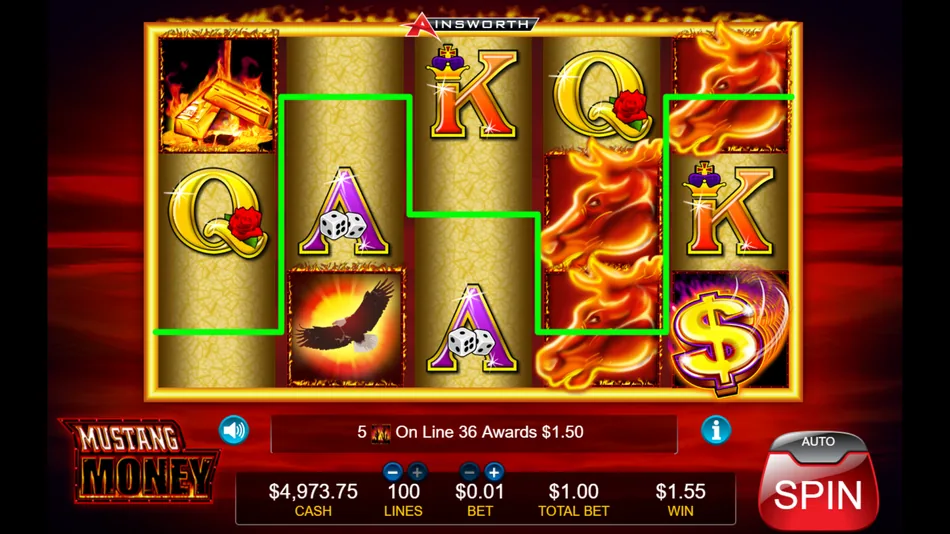 Fiery horse head substitute completing a line win on reel 4