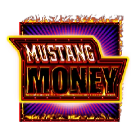 Mustang Money logo scatter on a purple starburst tile